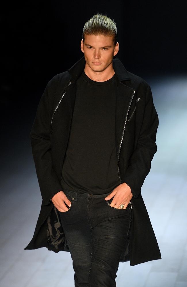 Jordan Barrett walks the runway wearing creations by Justin Cassin during Mercedes-Benz Fashion Week Australia in Sydney, Monday, May 15, 2017. Picture: AAP