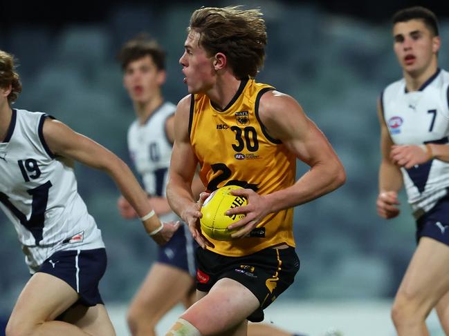 PERTH, AUSTRALIA - JUNE 30: Daniel Curtin of Western Australia in action during the 2023 AFL National Championships U18 Boys match between Western Australia and Vic Country at the WACA on June 30, 2023 in Perth, Australia. (Photo by Paul Kane/AFL Photos/via Getty Images)