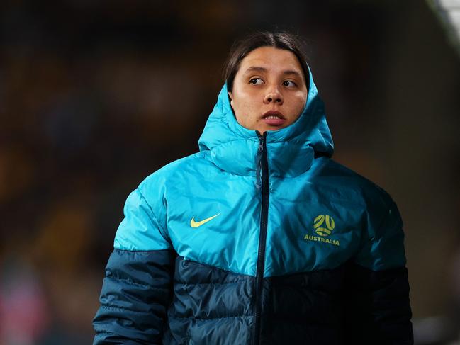 Sam Kerr is in a race against time to be fit for the Matildas’ crunch game against Canada. Picture: Elsa – FIFA/FIFA via Getty Images.