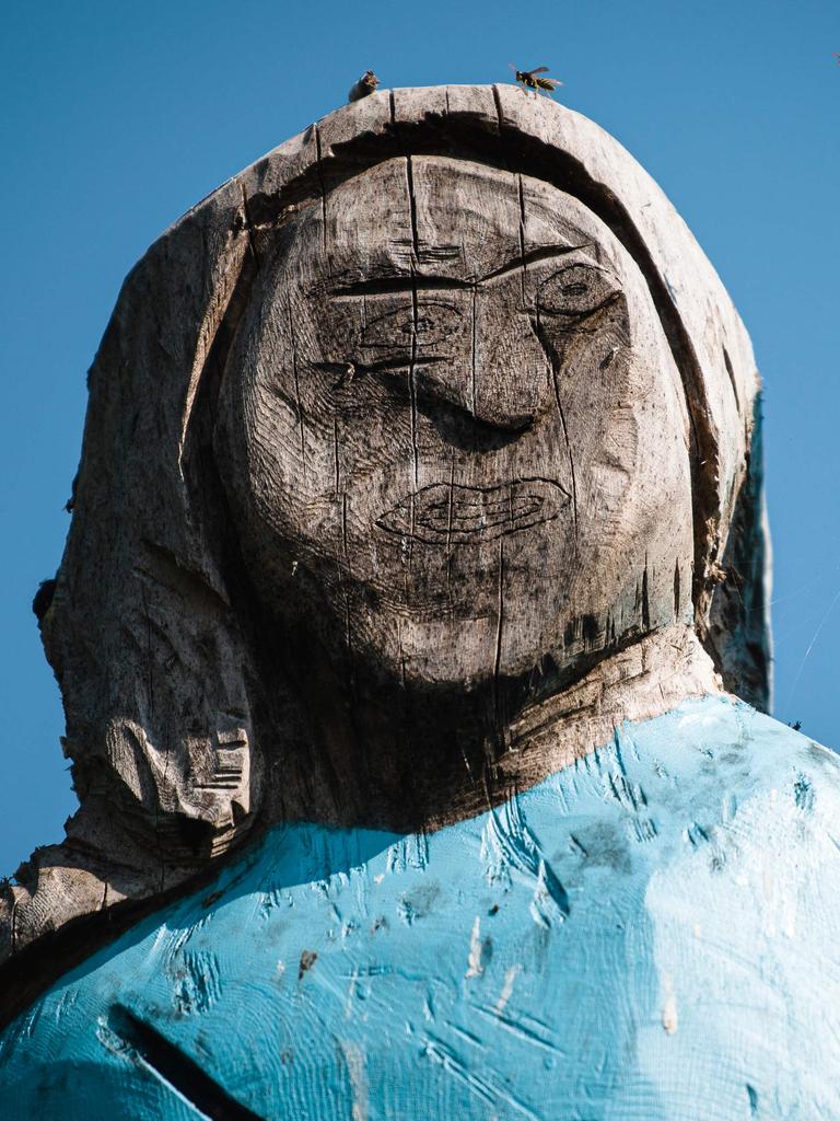 Artist Ales ‘Maxi’ Zupevc’s statue of Melania Trump, in the fields near the First Lady’s hometown in Slovenia. Picture: Jure Makovec/AFP