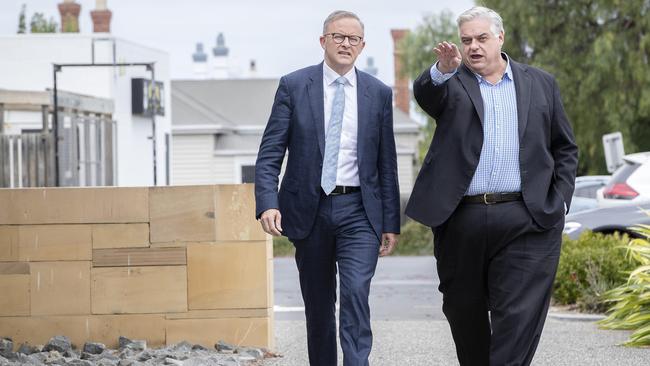 Labor leader Anthony Albanese and Lyons MP Brian Mitchell at Sorell. Picture: Chris Kidd