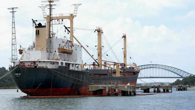 MARCH 18, 2004: North Korean-owned freighter Pong Su sits rusting away in Sydney Harbour, 18/03/04 is costing taxpayers $1 million a year to sit at anchor after is was seized by Australian Federal Police for allegedly used in importation to transport $165 million in heroin. Pic Gregg Porteous.NSW / Crime / DrugShipping / Ship