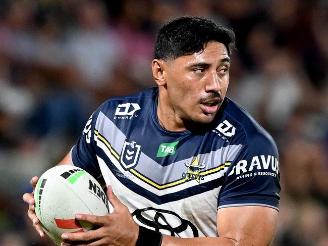 SUNSHINE COAST, AUSTRALIA - FEBRUARY 18: Jason Taumalolo of the Cowboys in action during the NRL Trial Match between the Brisbane Broncos and the North Queensland Cowboys at Sunshine Coast Stadium on February 18, 2023 in Sunshine Coast, Australia. (Photo by Bradley Kanaris/Getty Images)