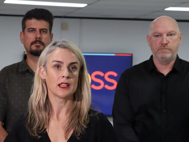 Queensland Council of Social Services CEO Amy McVeigh (centre) with Chris Le Gay Brereton from Relationships Australia Queensland (back right) and Evan Turner from Anglicare North Queensland (back left) at a town hall event in Cairns on May 9. Picture: QCOSS