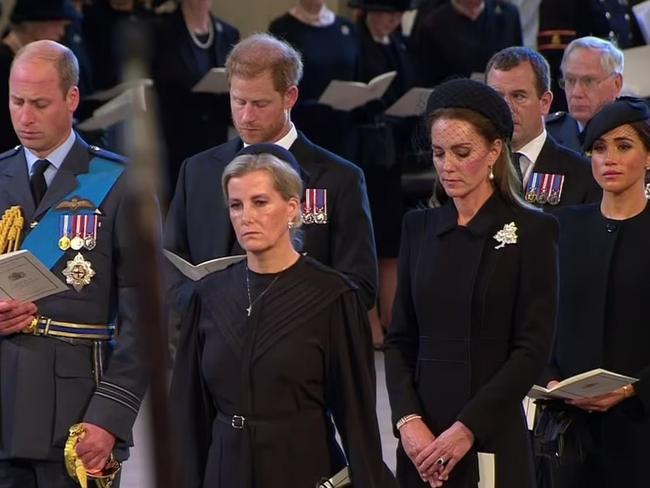 Prince William, Prince Harry, Kate Middleton and Meghan Markle at the service at Westminster Hall.