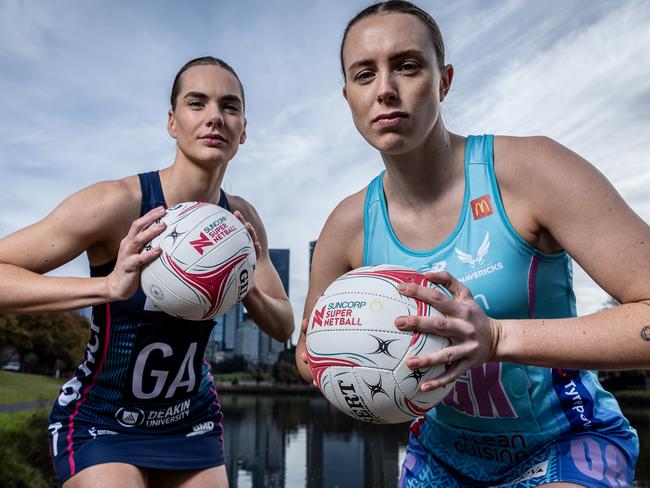 Kiera Austin (Vixens and Diamonds shooter) and Liv Lewis (Mavericks defender) will be playing in Super Netball biggest cross-town rivalry - with the Melbourne Vixens and Melbourne Mavericks battling it out in the newly named Melbourne Match-Up. Picture: Jake Nowakowski