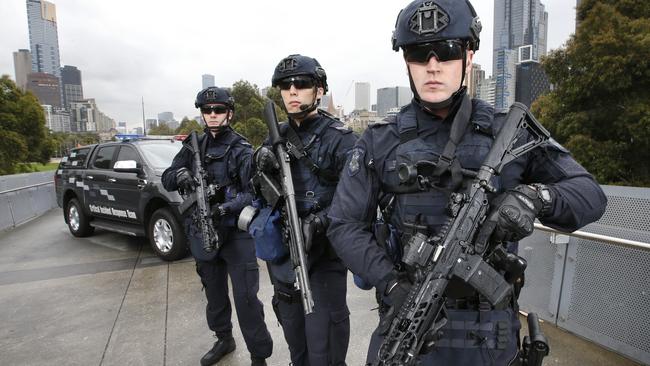 Members of the Critical Incident Response Team are watching over Melbourne’s CBD. Picture: David Caird