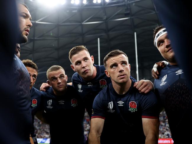 MARSEILLE, FRANCE - SEPTEMBER 09: The players of England form a huddle prior to during the Rugby World Cup France 2023 match between England and Argentina at Stade Velodrome on September 09, 2023 in Marseille, France. (Photo by Michael Steele - World Rugby/World Rugby via Getty Images)