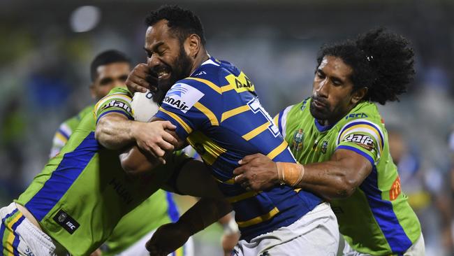 Eels forward Tony Williams charges into the Raiders defence.