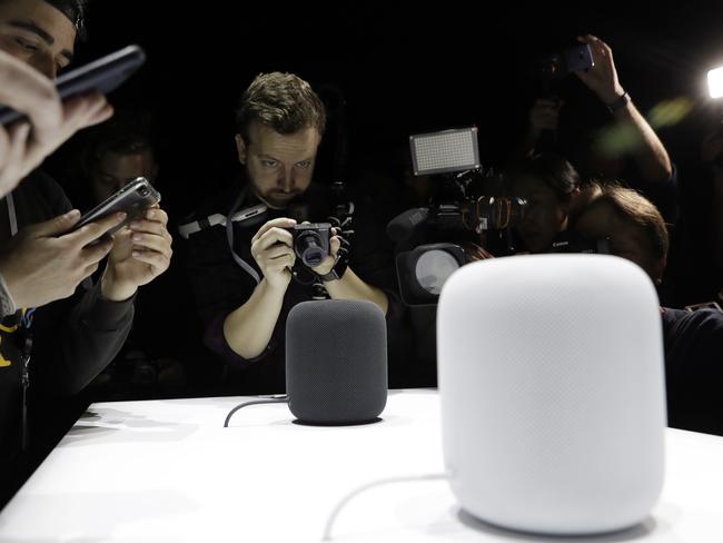 FILE - In this Monday, June 5, 2017, file photo, the HomePod speaker is photographed in a a showroom during an announcement of new products at the Apple Worldwide Developers Conference in San Jose, Calif. Pre-orders for the HomePod will begin Friday, Jan. 26, 2018, in the U.S, U.K. and Australia, two weeks before the speaker goes on sale in stores. (AP Photo/Marcio Jose Sanchez, File)