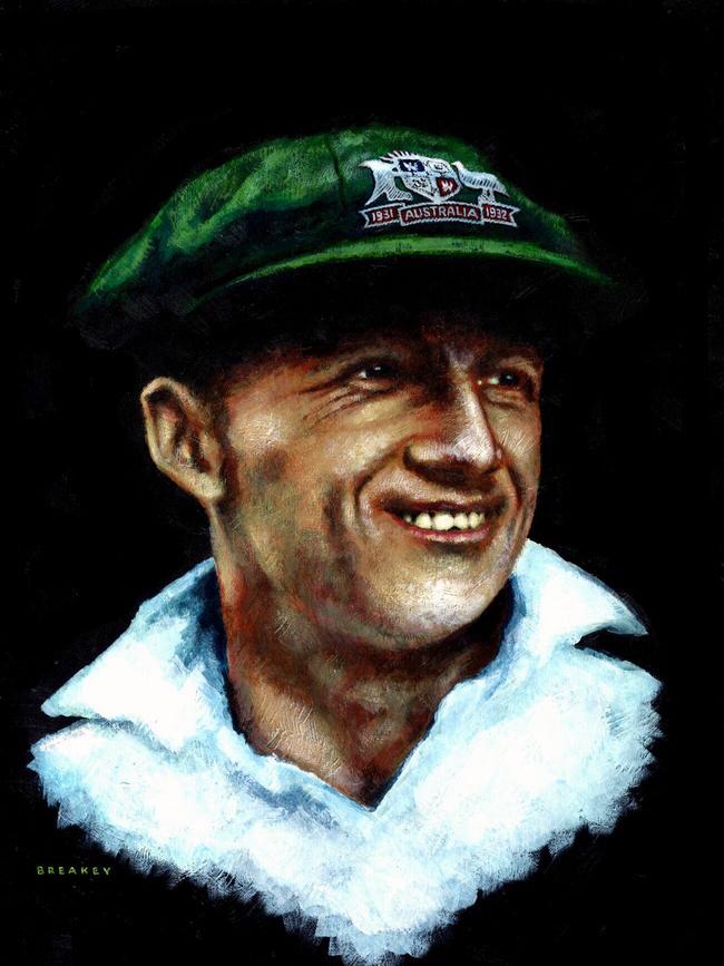 Artwork of Sir Donald (Don) Bradman wearing the baggy green.