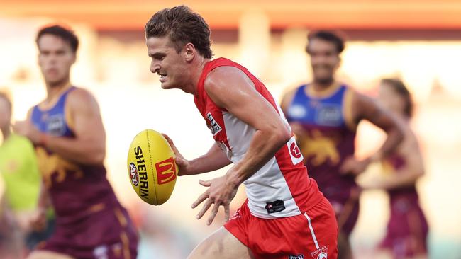 SYDNEY, AUSTRALIA - MARCH 15:  Riley Bice of the Swans in action during the round one AFL match between Sydney Swans and Brisbane Lions at Sydney Cricket Ground, on March 15, 2025, in Sydney, Australia. (Photo by Matt King/AFL Photos/via Getty Images)