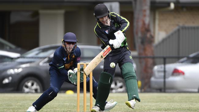 Box Hill batsman Thomas Simmons put up 19 off 41. Picture: Andrew Batsch