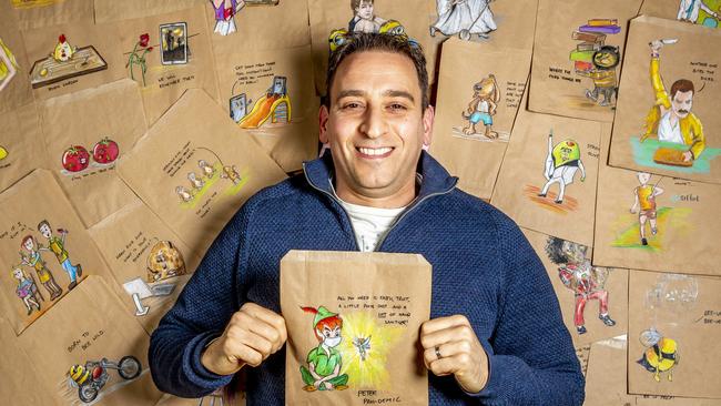 Cartoonist David Blumenthal is releasing his debut book of drawings he’s done on his daughters’ lunch bags. Picture: Tim Carrafa