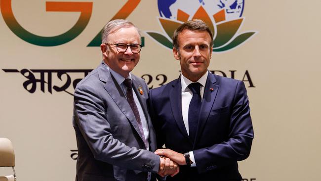 Anthony Albanese and Emmanuel Macron before their bilateral meeting during the G20 Leaders' Summit at the Bharat Mandapam in New Delhi in September. Picture: AFP