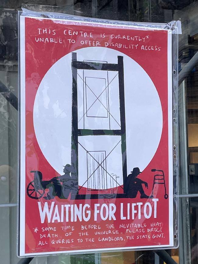 Artist Jon Kudelka's 'tongue-in-cheek' signage for the faulty Salamanca Arts Centre lift.