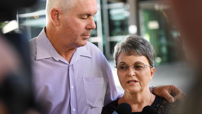 Leanne and Gary Pullen, parents of manslaughter victim Timothy Pullen, speak to the media outside Magistrates Court in Brisbane. (AAP Image/Dan Peled)