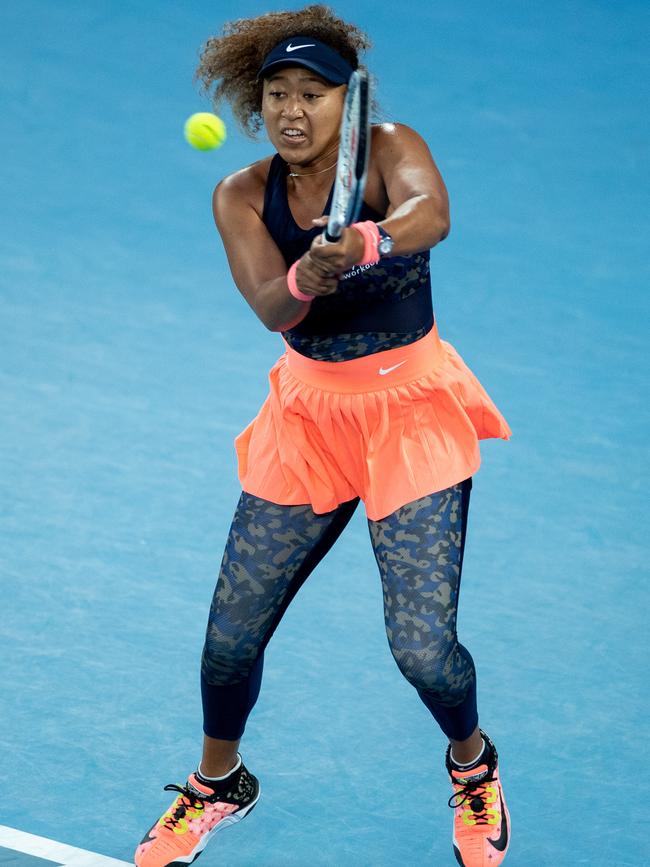 Naomi Osaka on her way to victory over Jennifer Brady in the women’s singles final. Picture: Getty Images