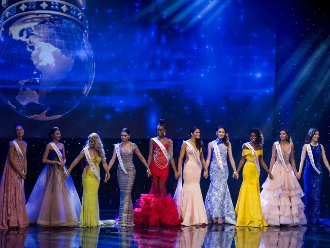 Contestants are pictured on stage during the Grand Final of the Miss World 2016 pageant at the MGM National Harbor December 18, 2016 in Oxon Hill, Maryland. Picture: AFP