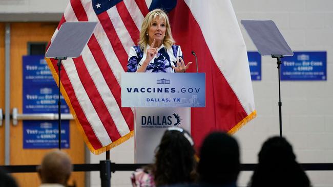 Jill Biden speaks about the vaccine in Dallas. Picture: AFP.