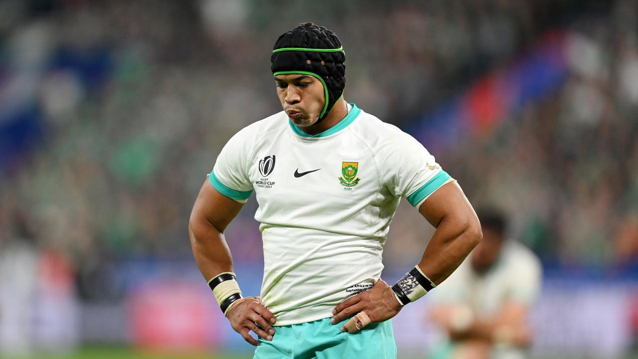 Cheslin Kolbe of South Africa looks dejected after defeat to Ireland during the Rugby World Cup France 2023 match.