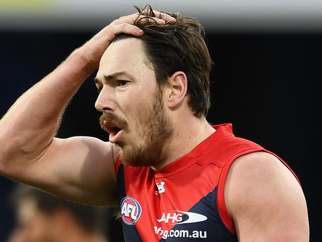 HOBART, AUSTRALIA - JULY 29:  Michael Hibberd of the Demons reacts after missing a shot on goal during the round 19 AFL match between the North Melbourne Kangaroos and the Melbourne Demons at Blundstone Arena on July 29, 2017 in Hobart, Australia.  (Photo by Quinn Rooney/Getty Images)