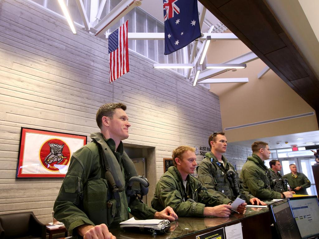 Australian Pilots training in the F35 fighter Jets Luke Airforce Base in Phoenix Arizona. Squadron Leader “Jacko” (far left) before a flight. Picture: Nathan Edwards