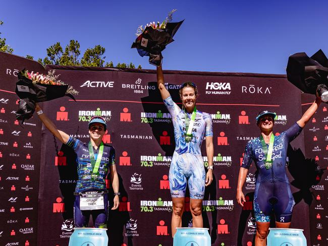 Ironman 70.3 Tasmania womenÃ•s professional winners podium. L-R Grace Thek 2nd, Ellie Salthouse 1st, Penny Slater 3rd. Picture: Linda Higginson