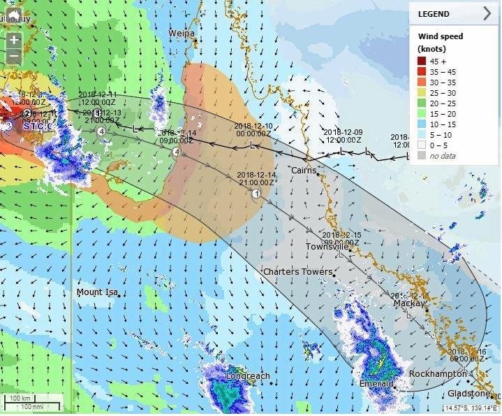 The Bureau of Meteorology has said Tropical Cyclone Owen will reach category 4 by Friday afternoon and will weaken into a tropical low as it crosses the peninsula. Picture: Bureau of Meteorology