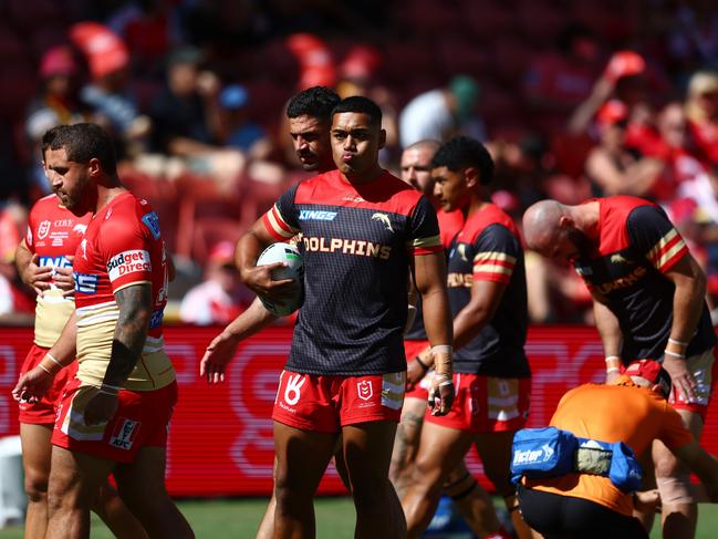 BRISBANE, AUSTRALIA - MARCH 05: Dolphins warms up ahead of the round one NRL match between the Dolphins and Sydney Roosters at Suncorp Stadium on March 05, 2023 in Brisbane, Australia. (Photo by Chris Hyde/Getty Images)
