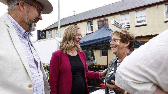 Labor leader Rebecca White and Derwent MLC Craig Farrell talk to locals at the New Norfolk market. Picture: Zak Simmonds