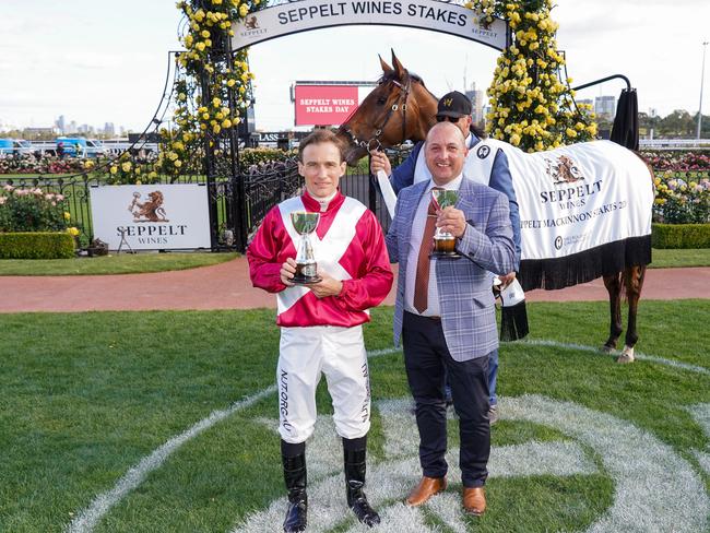 Luke Currie and Trainer Grant Williams with Arcadia Queen after winning the Seppelt Mackinnon Stakes at Flemington Racecourse on November 07, 2020 in Flemington, Australia. (Scott Barbour/Racing Photos via Getty Images)