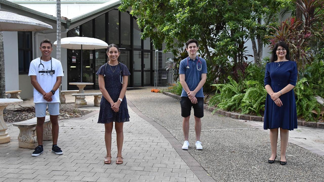 Future Doctors: (L-R) Jay Warcon, Tylin Guthrie and Dylan Bertucci from Rockhampton are among the first group of students to be offered a place in the CQUniversity Bachelor of Medical Science (Pathway to Medicine) course as part of the Regional Medical Pathway. Pictured with Head of Course Dr Sonia Saluja (far right).