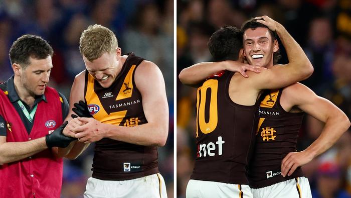 Hawthorn captain James Sicily in the care of trainers / and Connor Macdonald celebrates a goal.