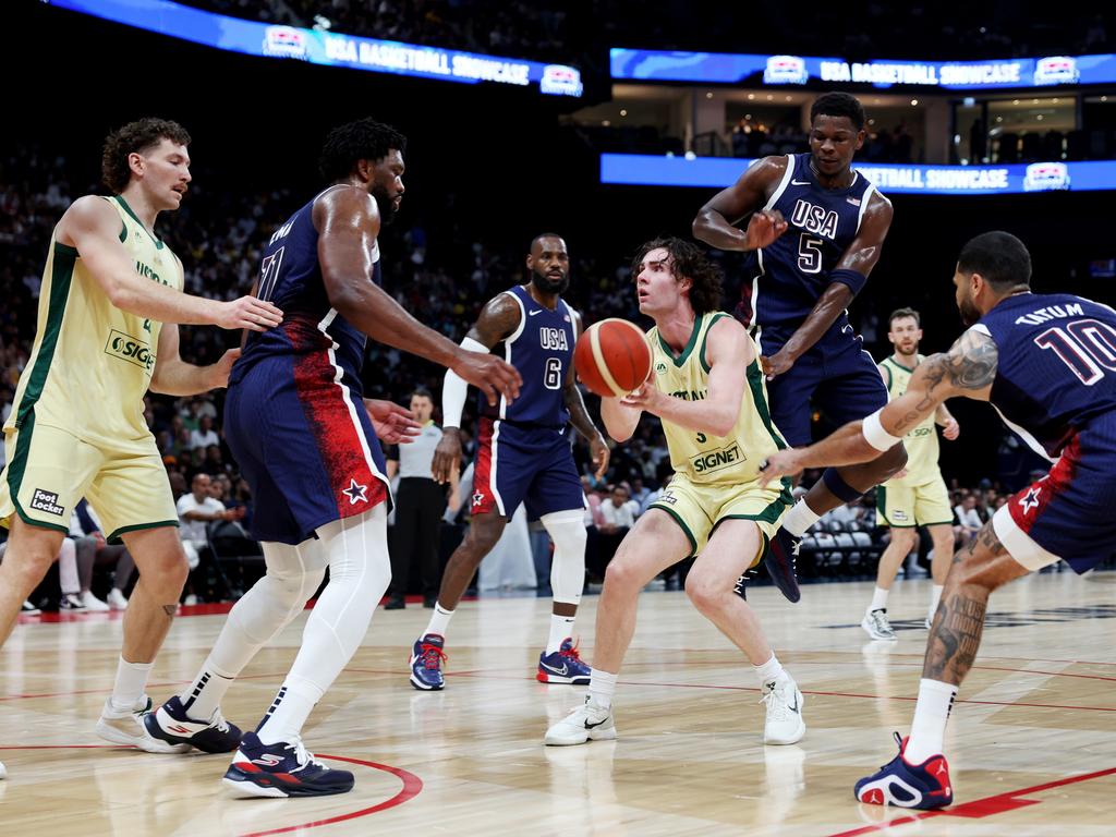 Josh Giddey in action for the Boomers against USA in Abu Dhabi before the Games. Picture: Christopher Pike/Getty Images