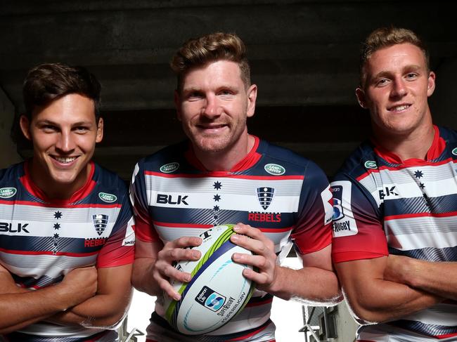 Melbourne Rebels players Luke Jones, Adam Thomson and Reece Hodge for big season preview piece at their home ground Carlton.. Picture Rebecca Michael.