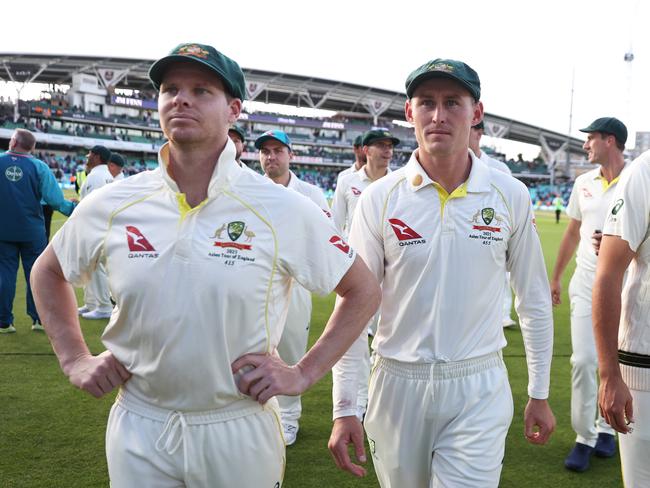 Steve Smith and Marnus Labuschagne at the conclusion of the fifth Test that resulted in an Ashes drawn. Picture: Ryan Pierse/Getty Images.