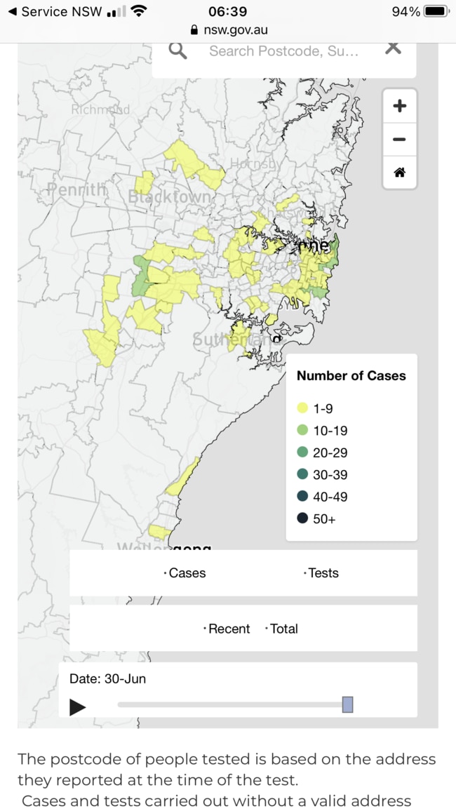 The interactive app shows where cases are by suburb. Picture: Service NSW