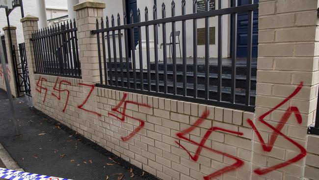 Two men aged 33 and 37 allegedly graffitied the Newtown Synagogue with Nazi symbols and attempted to set it on fire. Picture: NewsWire / Simon Bullard.