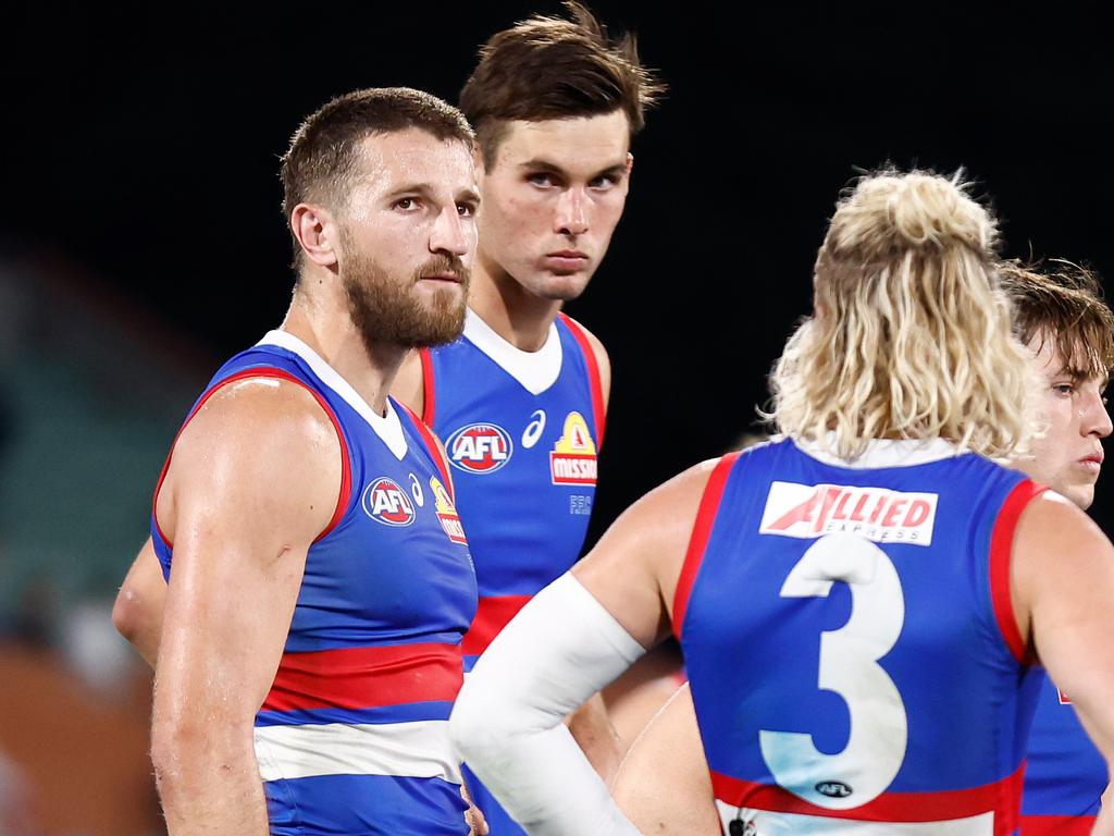 ADELAIDE, AUSTRALIA - APRIL 06: Marcus Bontempelli of the Bulldogs looks dejected after a loss during the 2024 AFL Round 04 match between the Western Bulldogs and the Geelong Cats at Adelaide Oval on April 06, 2024 in Adelaide, Australia. (Photo by Michael Willson/AFL Photos via Getty Images)