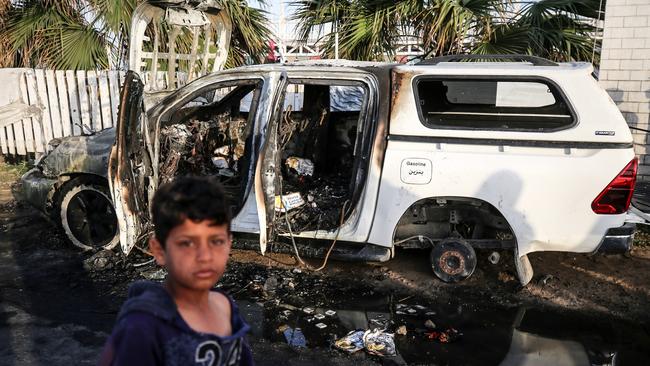 One of the World Central Kitchen aid vehicles destroyed in the drone strikes. Picture: Majdi Fathi/NurPhoto