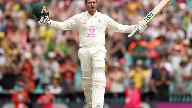 Usman Khawaja celebrates his ninth Test century at the SCG.