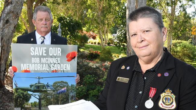 Caloundra RSL sub-branch secretary Heather Christie and Geoffrey Gardiner are disappointed their memorial garden may turn into a road. Picture: Warren Lynam