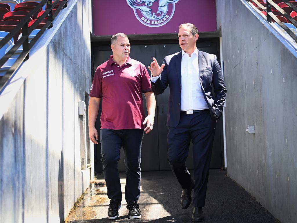 Seibold and Manly CEO Tony Mestrov at Brookvale Oval when the coach was first appointed. Picture: Jeremy Piper