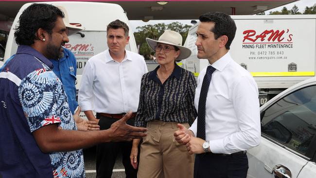 Leader of the Opposition David Crisafulli talks with RamÃs Motor Repairs Managing Director Vishal Nand about repeated youth crime damage to vehicles at his store. Picture: Liam Kidston