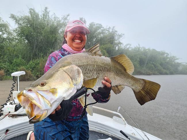 18/02/2021 - Melita McKinnon fished with hubby Jason Rogers at the Adelaide River and found a beauty in this 94cm barra. Picture: Jason Rogers