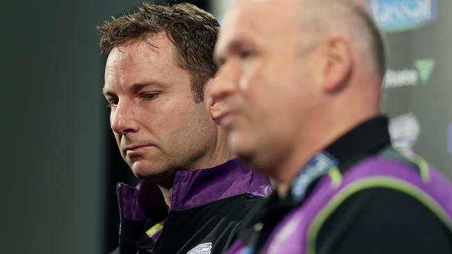 Tigers coach Adam Griffith, left, and Cricket Tasmania CEO Nick Cummins announce Griffiths’ appointment as Hurricanes coach following the departure of Gary Kirsten. Picture: SAM ROSEWARNE