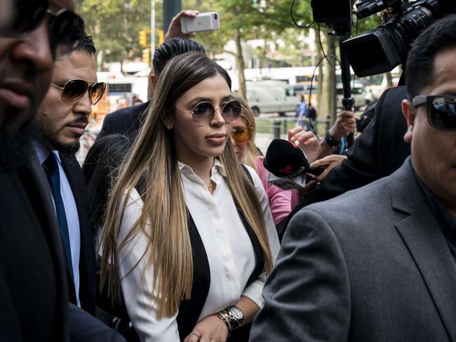 Emma Coronel Aispuro, wife of Joaquin "El Chapo" Guzman, is surrounded by security as she arrives at federal court in New York City. Picture: Getty