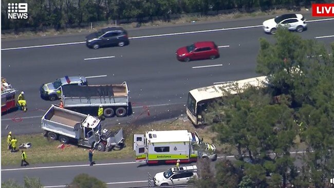 Queensland Fire and Emergency services called to truck and bus crash on the M1 near Beenleigh. Photo: 9 NEWS