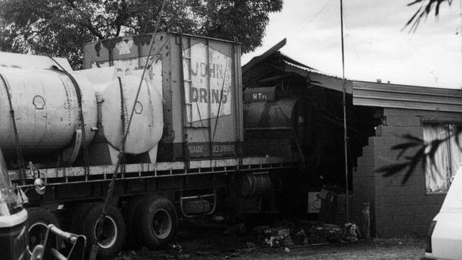 In a fit of rage, truck driver Douglas Crabbe crashed his truck into the Inland Hotel at Uluru in 1983. PICTURE: Supplied